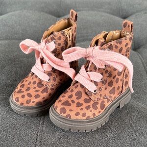 Cat & Jack Brown Leopard Print Boots with Pink Laces